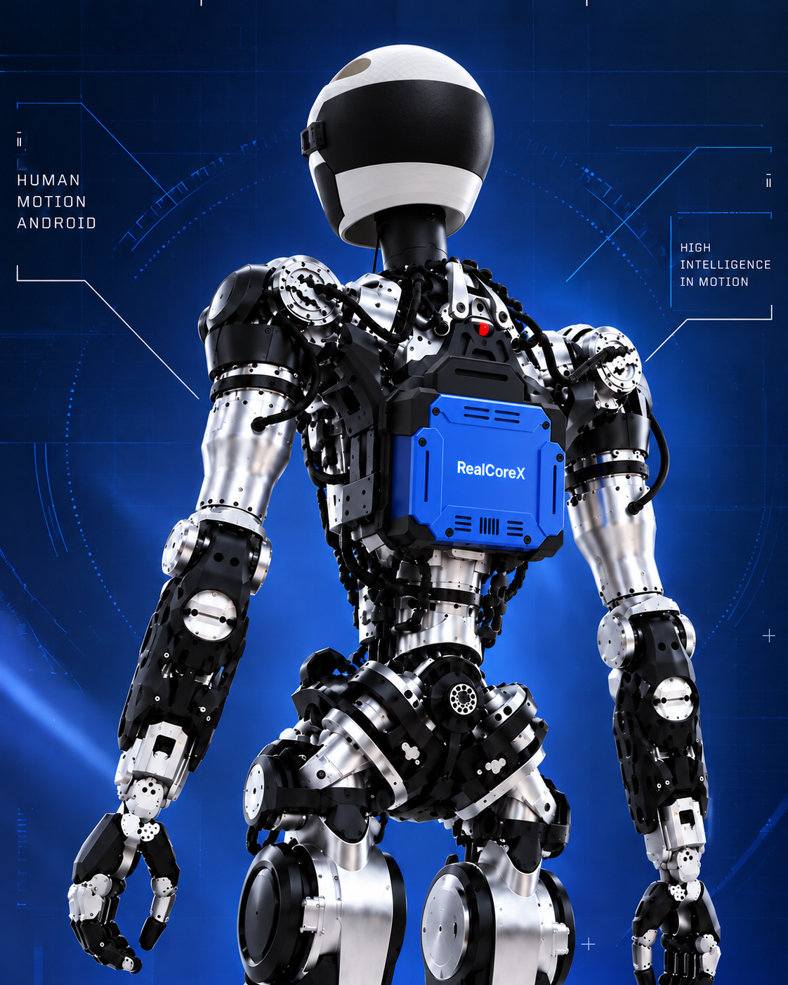 Ultron humanoid with the blue RealCoreX module, concept visual supplied by Jorvix